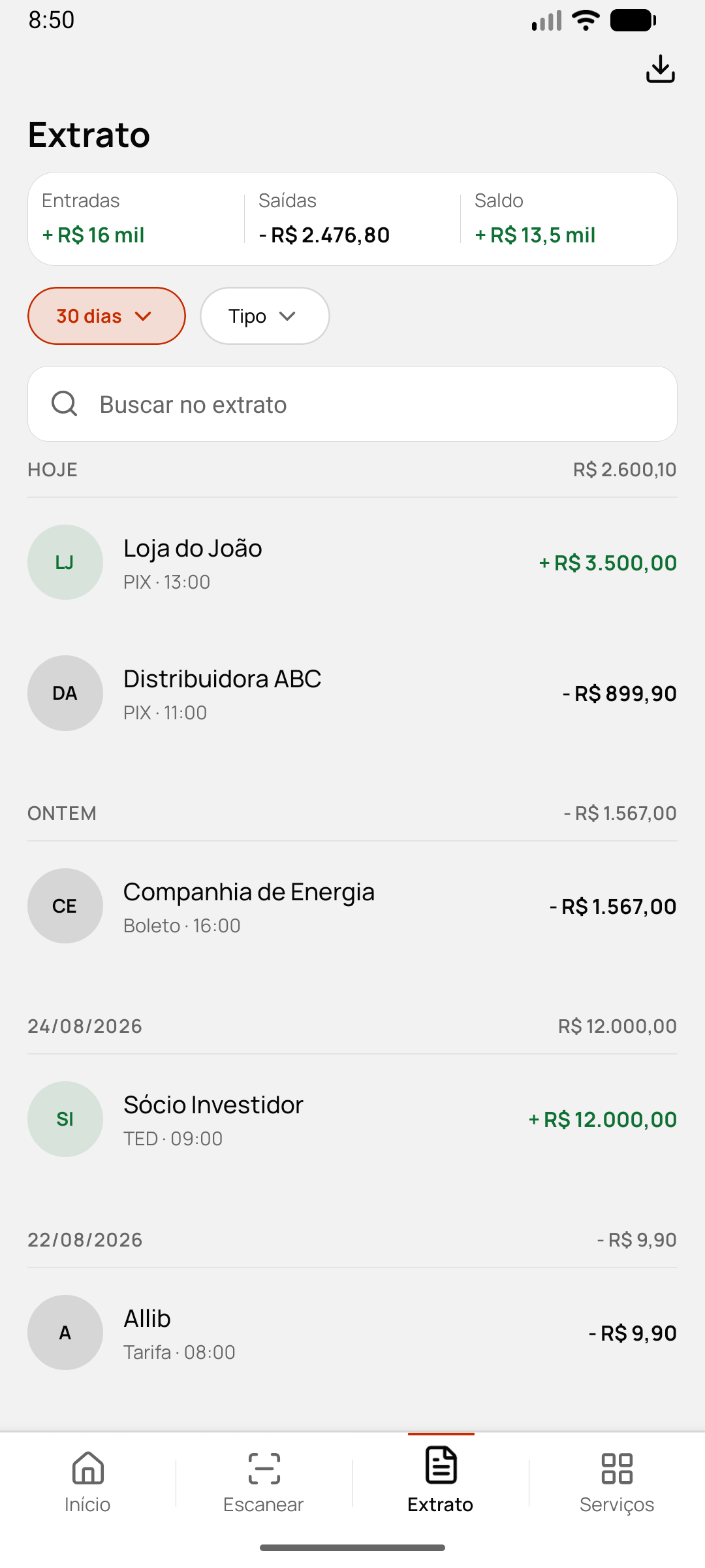 Extrato no aplicativo ALLIB.