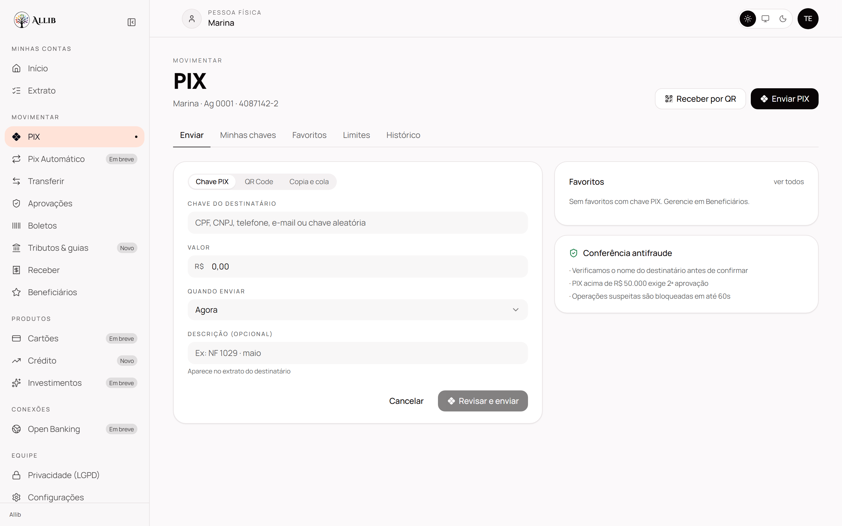 Tela de PIX do Internet Banking ALLIB, com envio por chave, QR Code ou copia e cola.