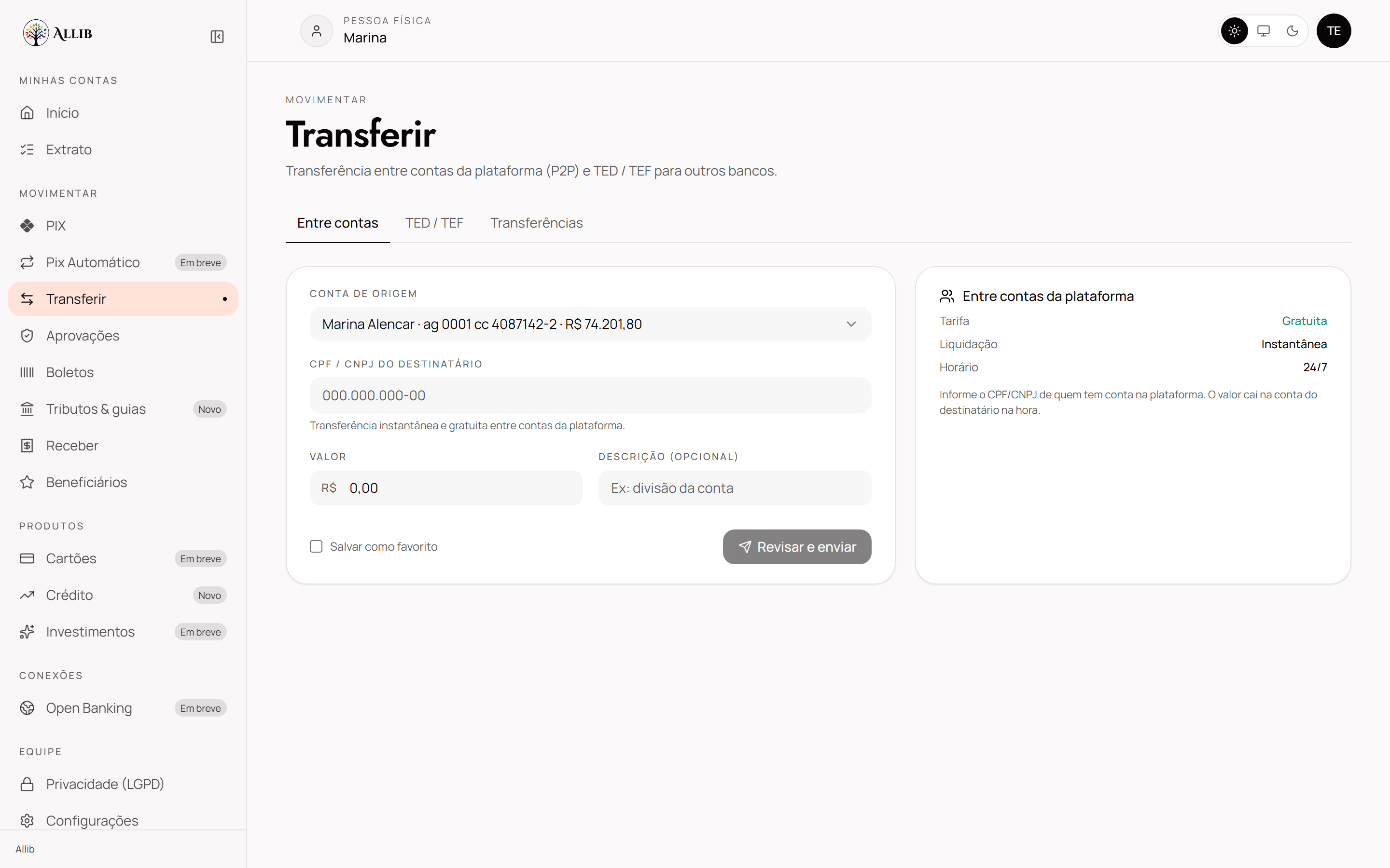 Tela de transferência do Internet Banking ALLIB.